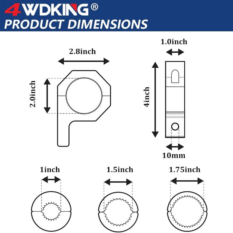 4WDKING Horizontal Bar Clamp Mounting Kit - 4WDKING 2PCS 1"/ 1.5"/ 1.75"/ 2" LED Light Bar LED Pods Fog Driving Lights Brackets for Bull Bar Tube Roof Roll Cage Holder Headache Rack Mount. - Image 5